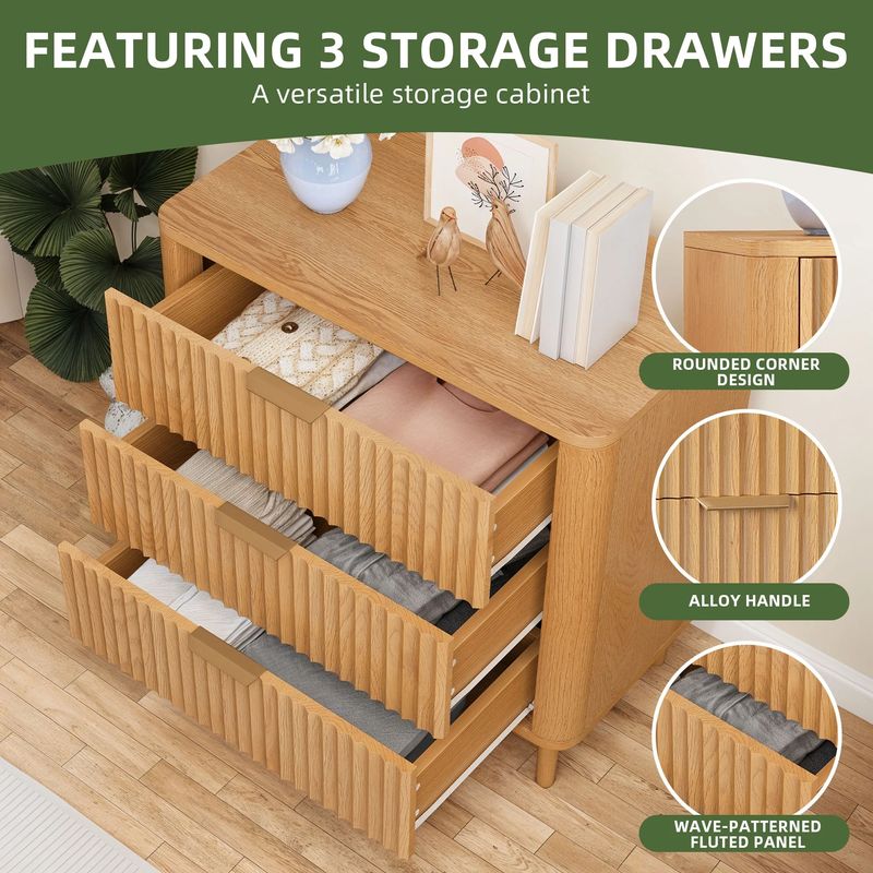 Nikpew 32" 3-Drawer Waveform Fluted Chest Dresser for Bedroom and Living Room