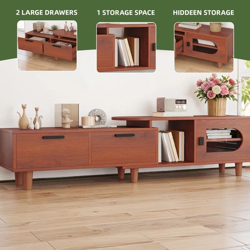 Nikpew Mid-Century Modern 54"-65" Extendable TV Stand with 2 Drawers and Cabinet