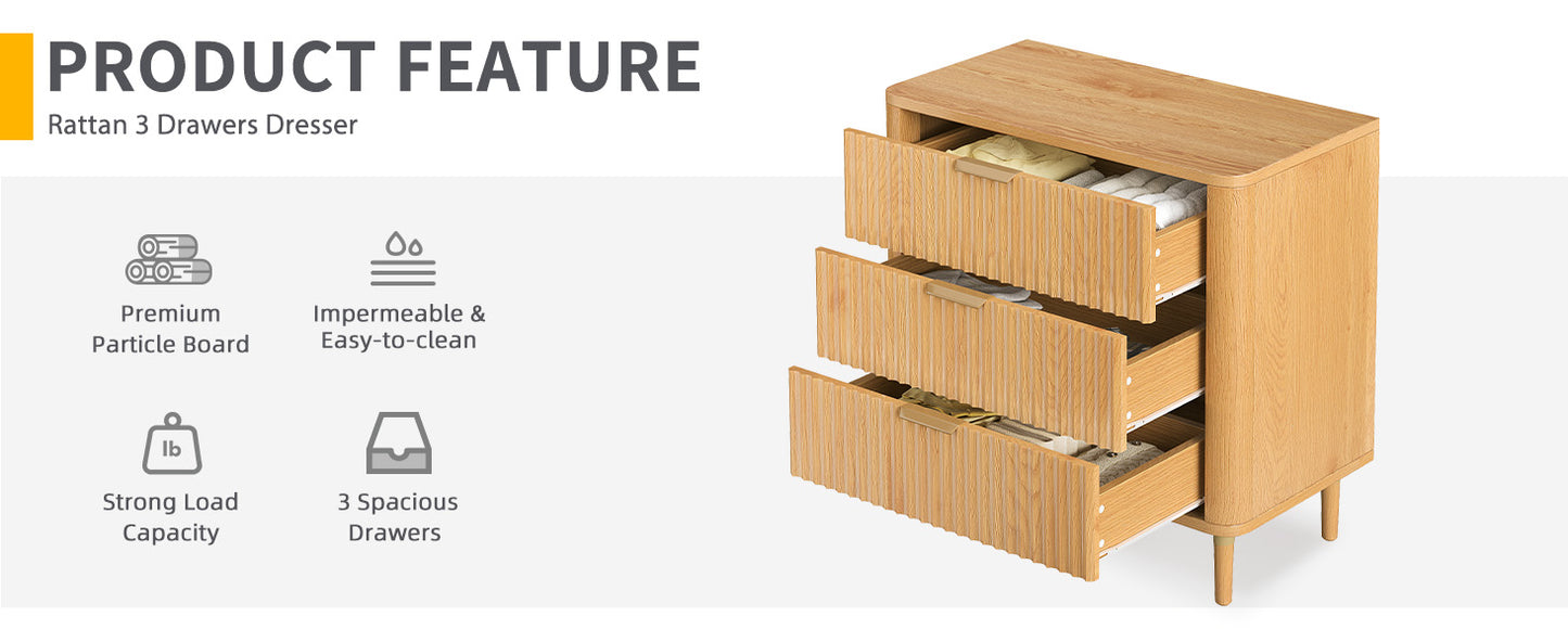 Nikpew 32" 3-Drawer Waveform Fluted Chest Dresser for Bedroom and Living Room