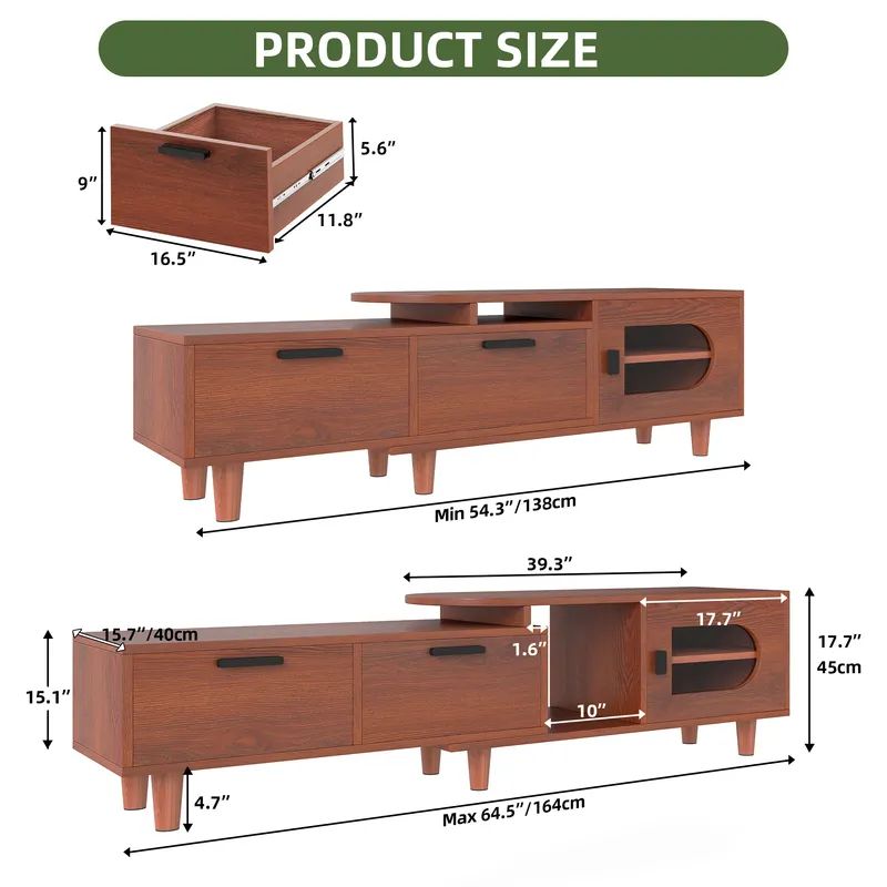 Nikpew Mid-Century Modern 54"-65" Extendable TV Stand with 2 Drawers and Cabinet