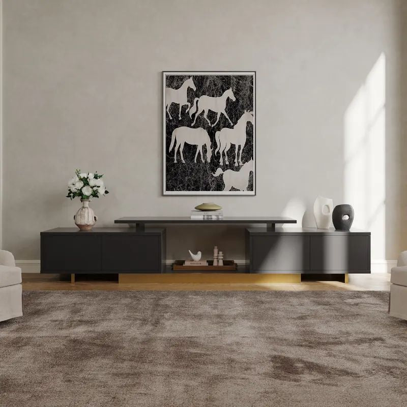 Nikpew Modern Black 63"-89" Telescopic TV Stand with 2 Cabinets and Open Shelf