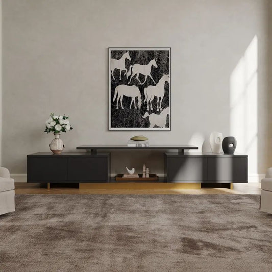 Nikpew Modern Black 63"-89" Telescopic TV Stand with 2 Cabinets and Open Shelf