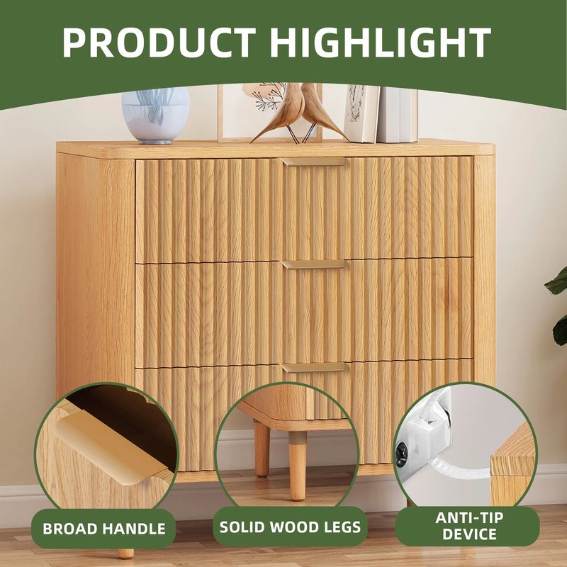 Nikpew 32" 3-Drawer Waveform Fluted Chest Dresser for Bedroom and Living Room