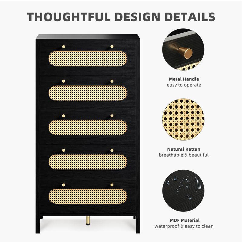 Nikpew Modern 5-Drawer Rattan Dresser for Living Room and Bedroom