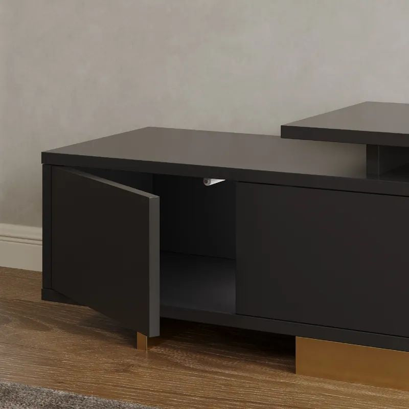 Nikpew Modern Black 63"-89" Telescopic TV Stand with 2 Cabinets and Open Shelf