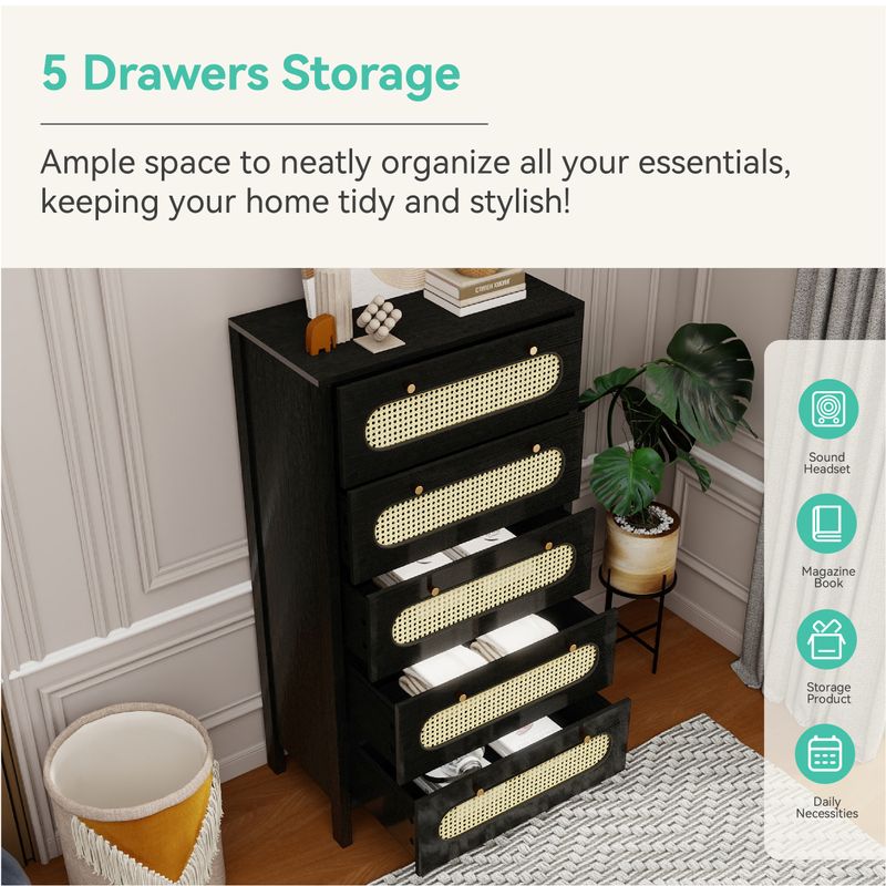 Nikpew Modern 5-Drawer Rattan Dresser for Living Room and Bedroom