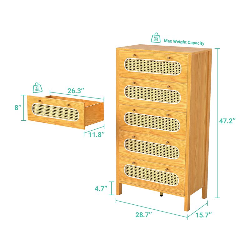 Nikpew 47" Tall Rattan 5-Drawer Storage Cabinet for Living Room