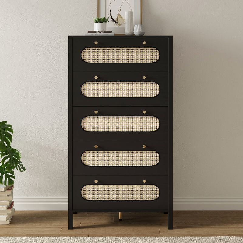 Nikpew Modern 5-Drawer Rattan Dresser for Living Room and Bedroom