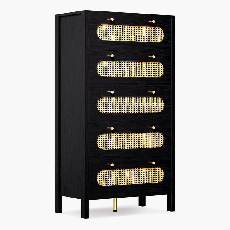 Nikpew Modern 5-Drawer Rattan Dresser for Living Room and Bedroom