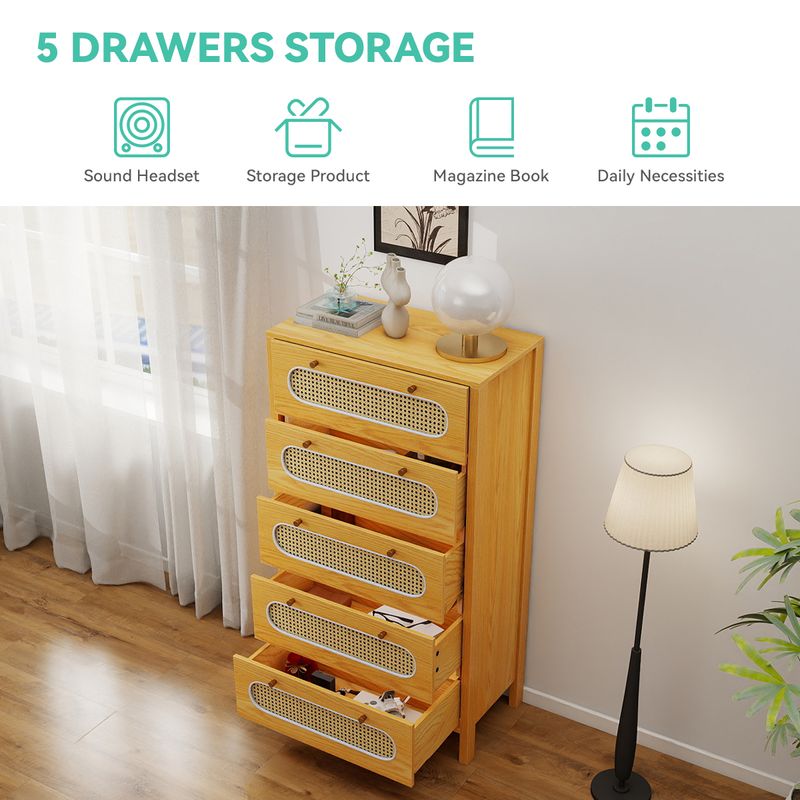Nikpew 47" Tall Rattan 5-Drawer Storage Cabinet for Living Room