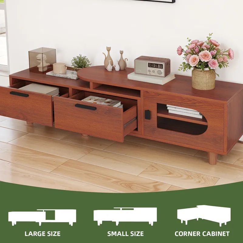 Nikpew Mid-Century Modern 54"-65" Extendable TV Stand with 2 Drawers and Cabinet