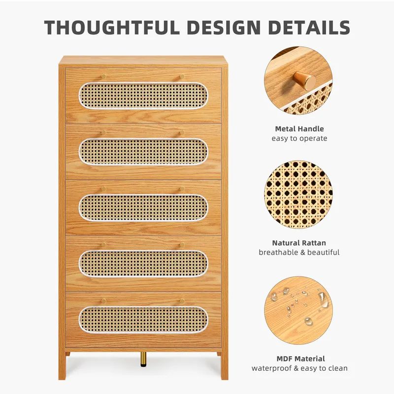 Nikpew 47" Tall Rattan 5-Drawer Storage Cabinet for Living Room