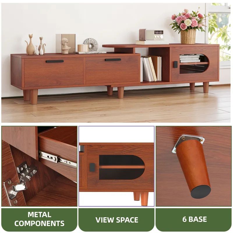 Nikpew Mid-Century Modern 54"-65" Extendable TV Stand with 2 Drawers and Cabinet