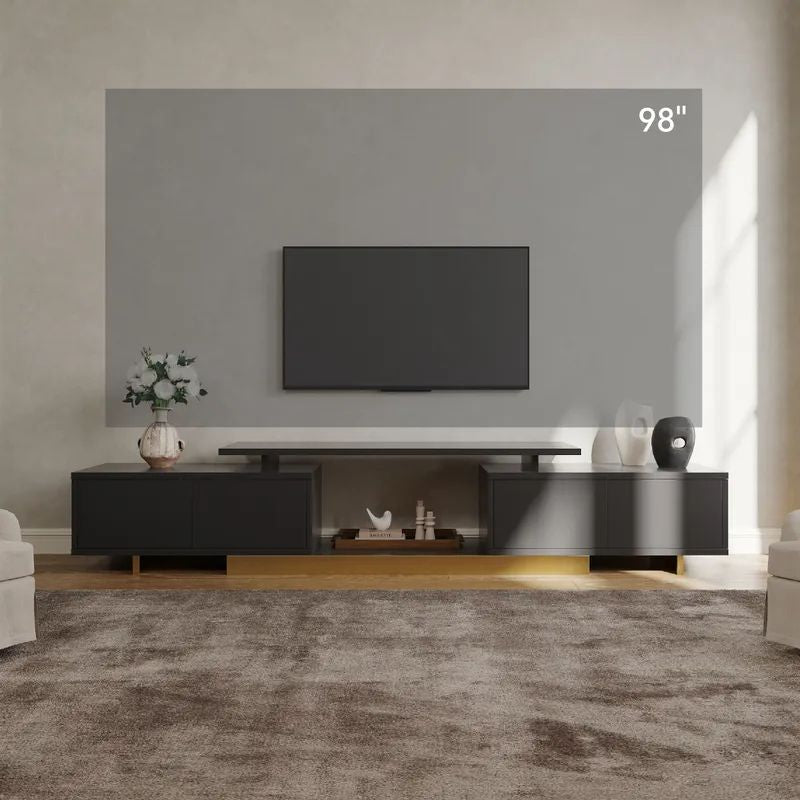 Nikpew Modern Black 63"-89" Telescopic TV Stand with 2 Cabinets and Open Shelf