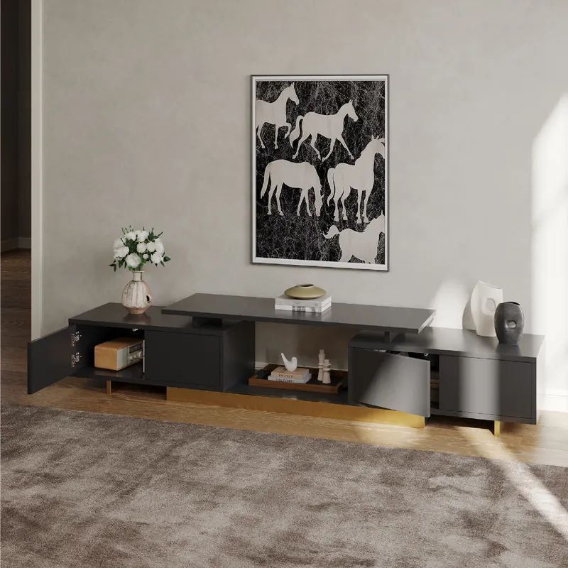 Nikpew Modern Black 63"-89" Telescopic TV Stand with 2 Cabinets and Open Shelf