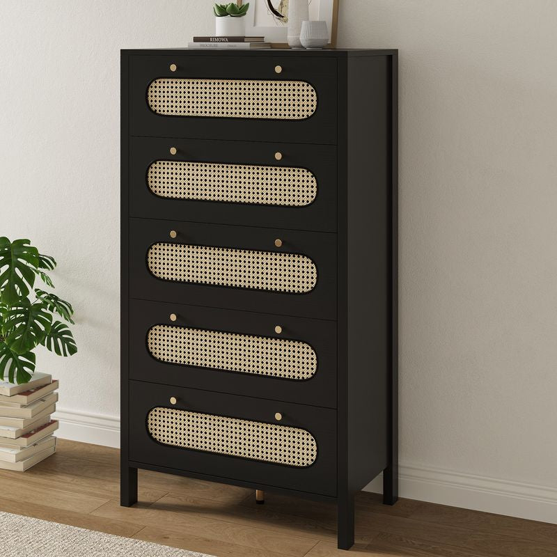 Nikpew Modern 5-Drawer Rattan Dresser for Living Room and Bedroom