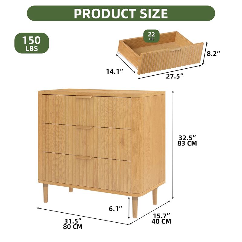 Nikpew 32" 3-Drawer Waveform Fluted Chest Dresser for Bedroom and Living Room