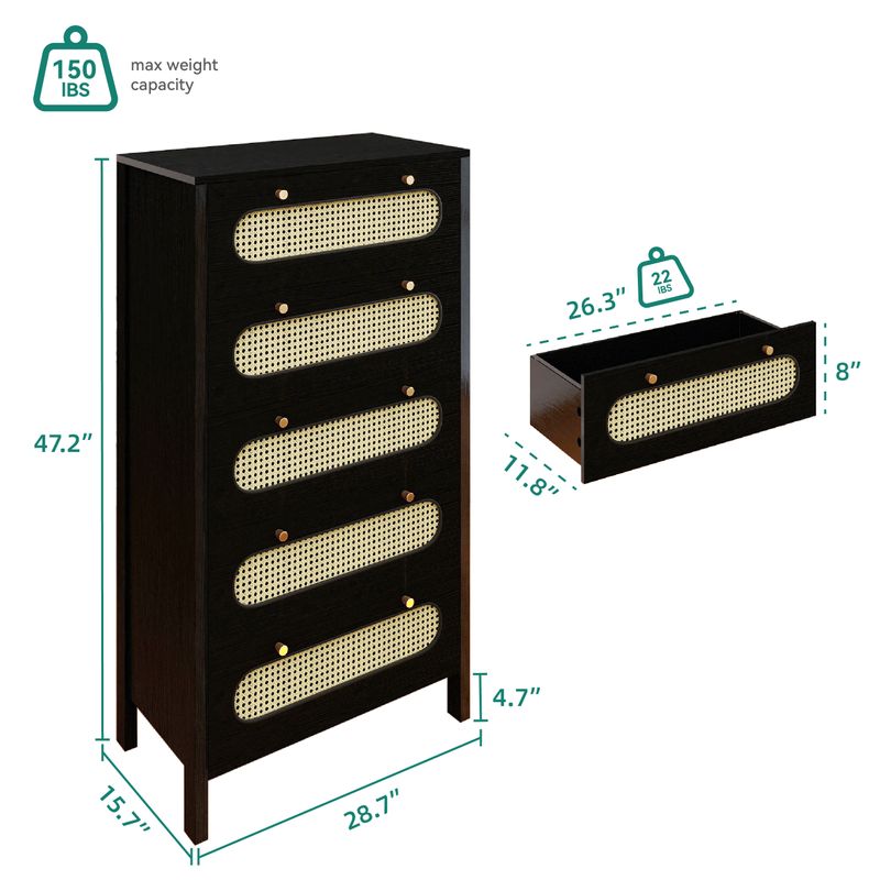 Nikpew Modern 5-Drawer Rattan Dresser for Living Room and Bedroom